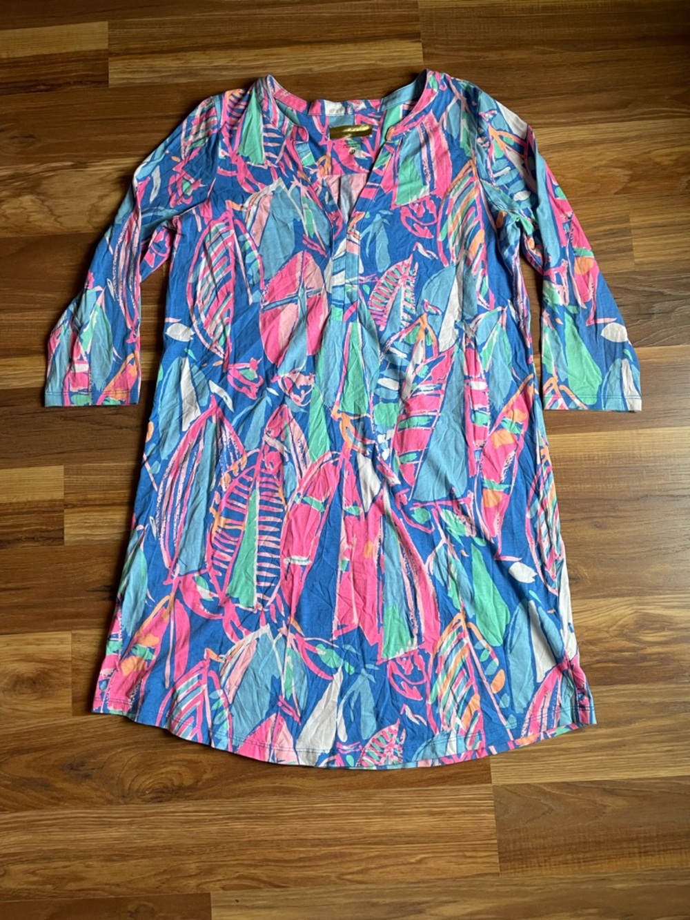 Lilly Pulitzer Pima Cotton Tunic Dress 3/4 Sleeve Tropical Print Size Medium